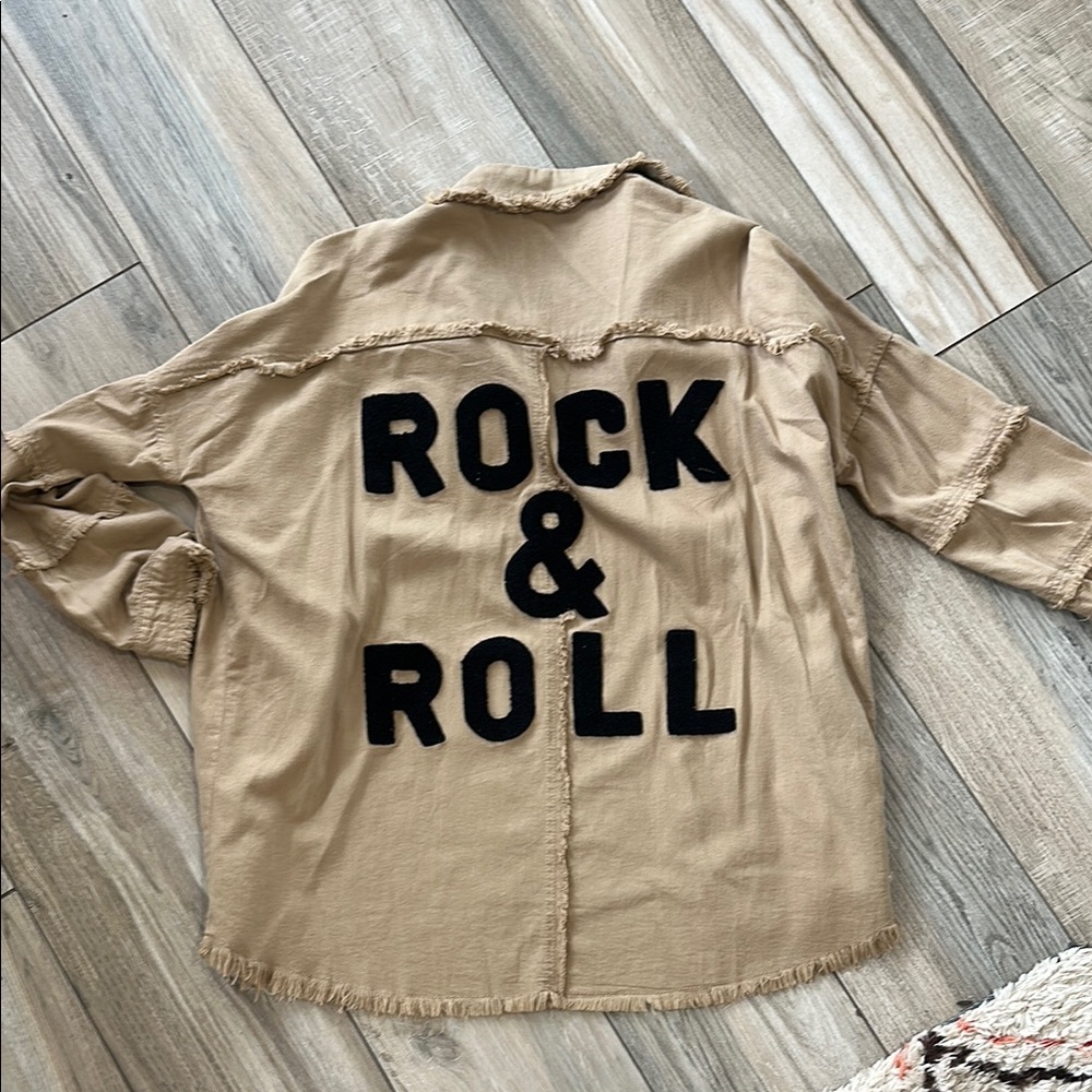 Tan ROCK & ROLL Button-Up Shirt with Frayed Edges
